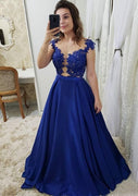 Royal Blue A-line Illusion Back Satin Formal Party Evening Prom Dress, Beaded Lace
