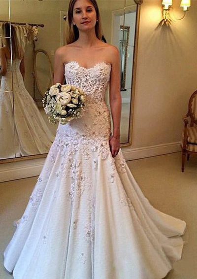 Satin A-Line Wedding Dress Strapless Ivory Lace Tulle 