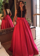 Satin A-Line/Princess Bateau V Back Floor-Length Party Prom Dress, Sequins Bowknot
