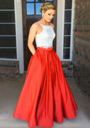 Satin Long A-Line Sleeveless Square Neck 2 Piece Set Prom Dress, Pleats Beaded