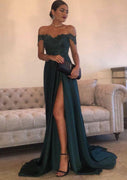 Satin Prom Dress A-Line Green Off Shoulder Sweetheart Sweep, Split Lace