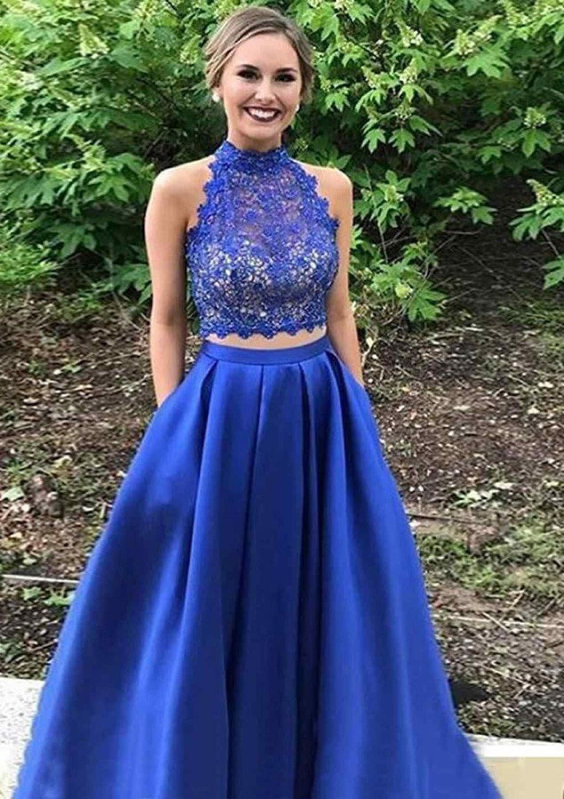 Satin Prom Gown A-Line High-Neck Royal Blue Lace 2 Piece Set Dress Satin Prom Gown A-Line High-Neck Royal Blue Lace 2 Piece Set Dress