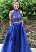 Satin Prom vestido A-Line High-Neck Royal Blue Lace 2 Piece Set Vestido