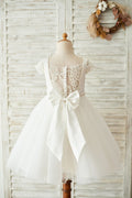 Атласный тюль с бисером и кружевными рукавами с прозрачной спиной и свадебным платьем для девочек-цветочниц