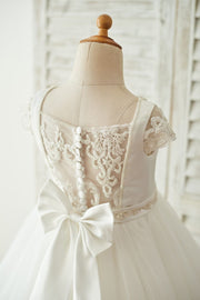 Satin Tulle Beaded Lace Cap Sleeves Sheer Back Wedding 
