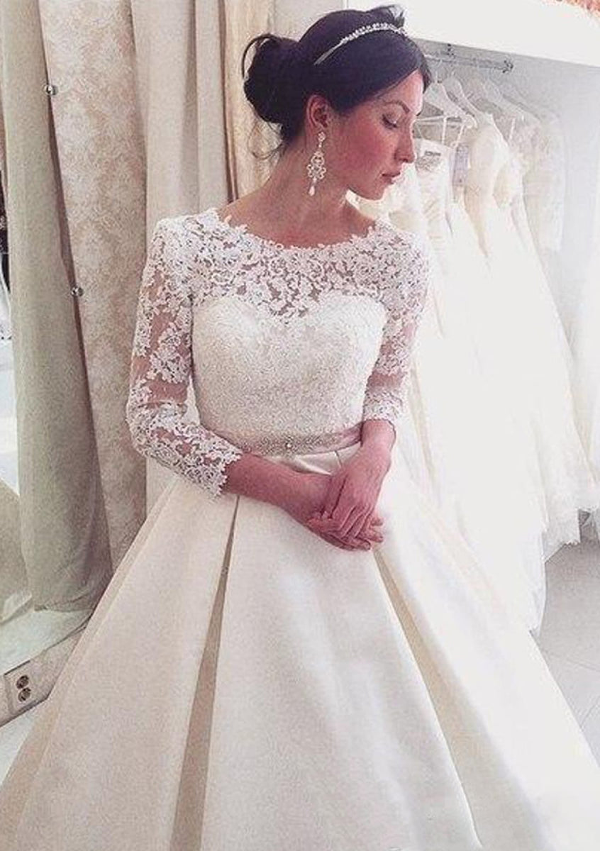 Elegant Long A-line Bateau Satin Wedding Dress with Sleeves