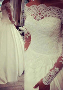 Satin Wedding Dress Off Shoulder Floor Length Beaded Lace