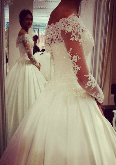 Satin Wedding Dress Off Shoulder Floor Length Beaded Lace - 