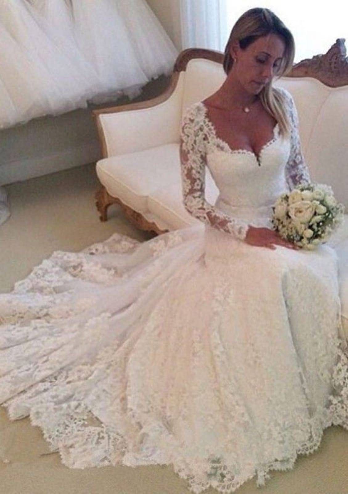 Scalloped Neck Chapel Long Sleeve Ivory Lace Wedding Dress, Buttons Scalloped Neck Chapel Long Sleeve Ivory Lace Wedding Dress, Buttons