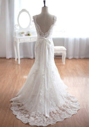 Scalloped V Neck Trumpet Court Lace Long Wedding Dres Sash -