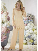 Scoop Neck Lace Chiffon Long Sleeve 2 Pieces Mother of Bride Pantsuit for Wedding Groom