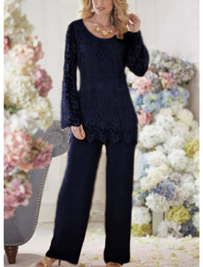 Scoop Neck Lace Chiffon Long Sleeve 2 Pieces Mother of Bride Pantsuit -  Princessly