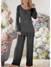Scoop Neck Lace Chiffon Long Sleeve 2 Pieces Mother of the 