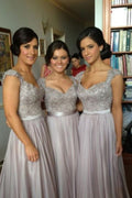 Sequin Lace Cap Sleeve A-line Chiffon Tulle Prom Dress Bridesmaid Dress, Sash