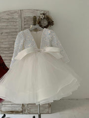Long Sleeves Sequin Tulle Wedding Party Flower Girl Dress 