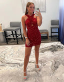 Sexy Cross Neck Backless Red Glitter Sequin Backless Short Homecoming Dress