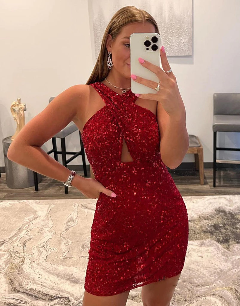 Sexy Cross Neck Backless Red Glitter Sequin Backless Short 