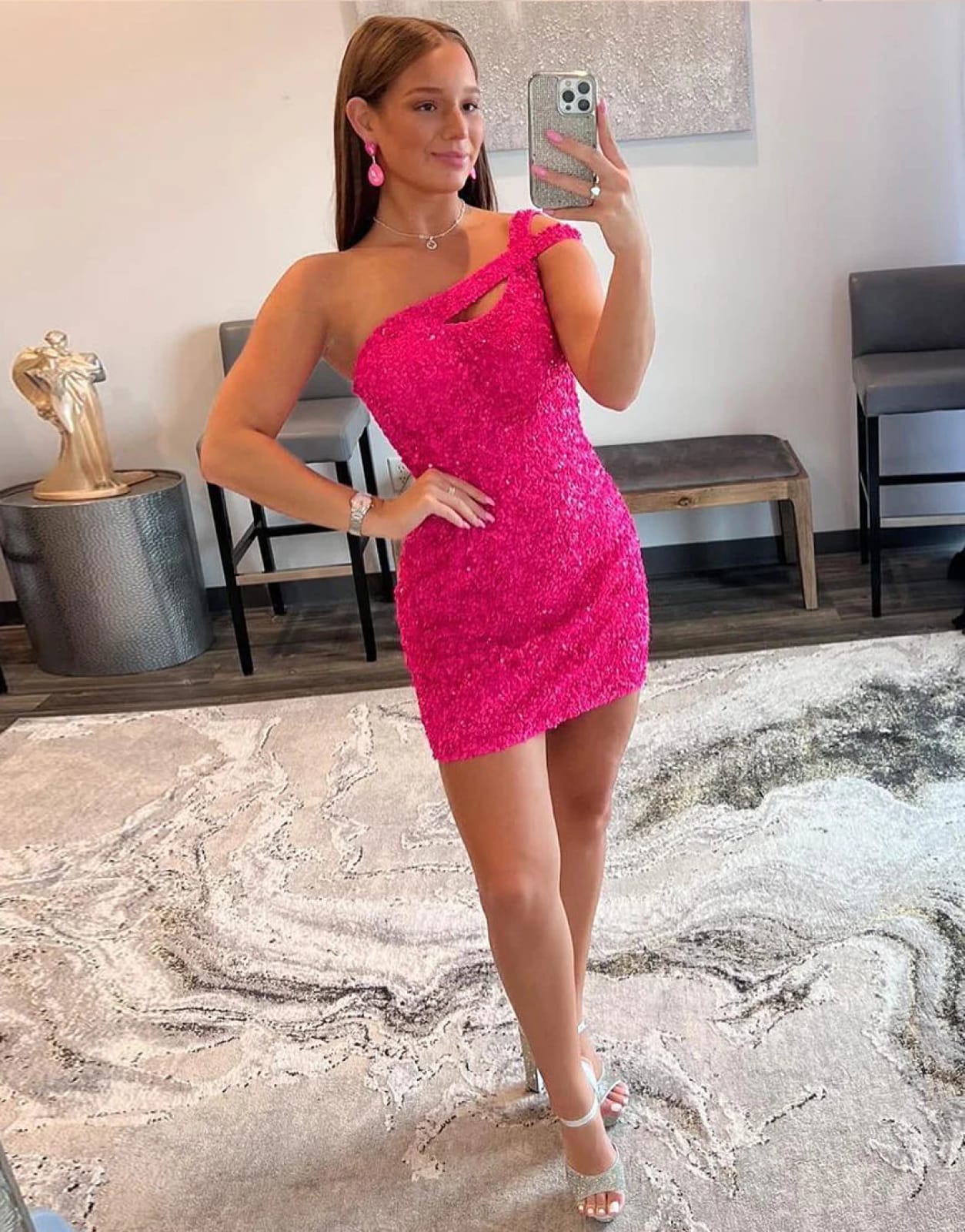 Sexy Glitter One Shoulder Hot Pink/Royal Blue Sequins Backless Homecoming Dress US 14 / Hot Pink Sexy Glitter One Shoulder Hot Pink/Royal Blue Sequins Backless Homecoming Dress US 14 / Hot Pink