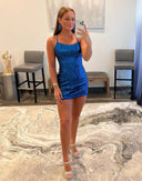 Sexy Halter Neck Royal Blue Sequins Straps Backless Short Homecoming Dress