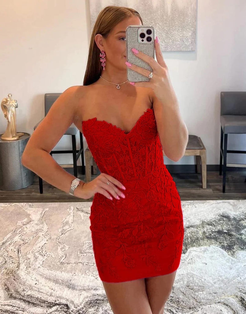 Knee Length Sheath Red Lace Homecoming Dress