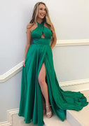 Sexy A-line Cross Halter Sleeveless Sweep Train Slit Charmeuse Prom Party Dress