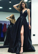 Sexy A-line V Neck Straps Sweep Train Charmeuse Split Black Formal Prom Dress