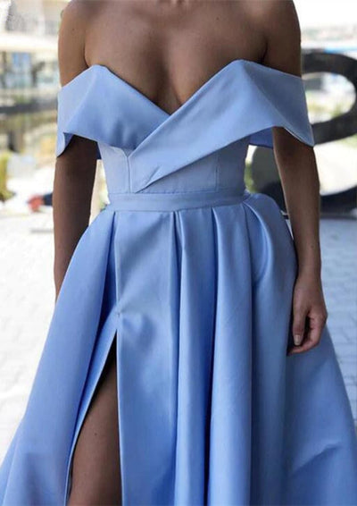 Sexy A-line Off Shoulder Straps Sweep Train Satin Long Prom 