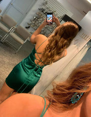 Sexy V Neck Green Satin Spaghetti Straps Backless Short 