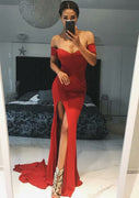Сексуальное вечернее платье русалки с открытыми плечами и разрезом в красном джерси