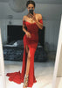 Sexy Off Shoulder Slit Court Red Jersey Mermaid Soirée Gown