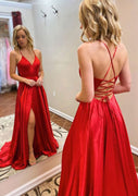 Sexy rojo cuello en V con cordones espalda abierta largo Charmeuse vestido de fiesta, dividido