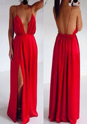 Sexy Etuikleid mit tiefen Trägern, rückenfrei, Satin, geteilt, langes, rotes Abendkleid