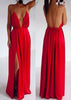 Sexy Sheath Plunging Strap Backless Satin Split Long Red Prom Dress