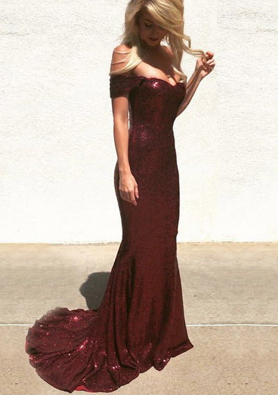 Sexy Off Shoulder Floor Length Sweep Train Burgundy Sequin 