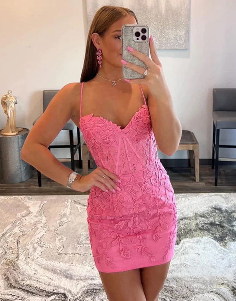 Princessly Sexy Spaghetti Straps Sweetheart Neck Lace Mini Homecoming Dress, Appliques US 8 / Pink