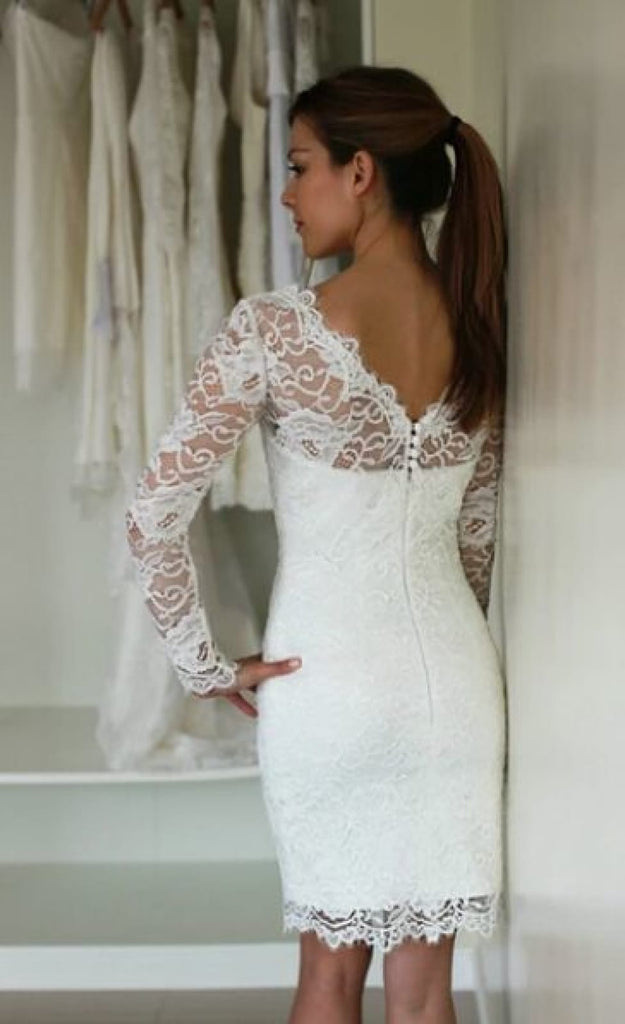Sheath Ivory Lace Long Sleeves Short Wedding Party Dress