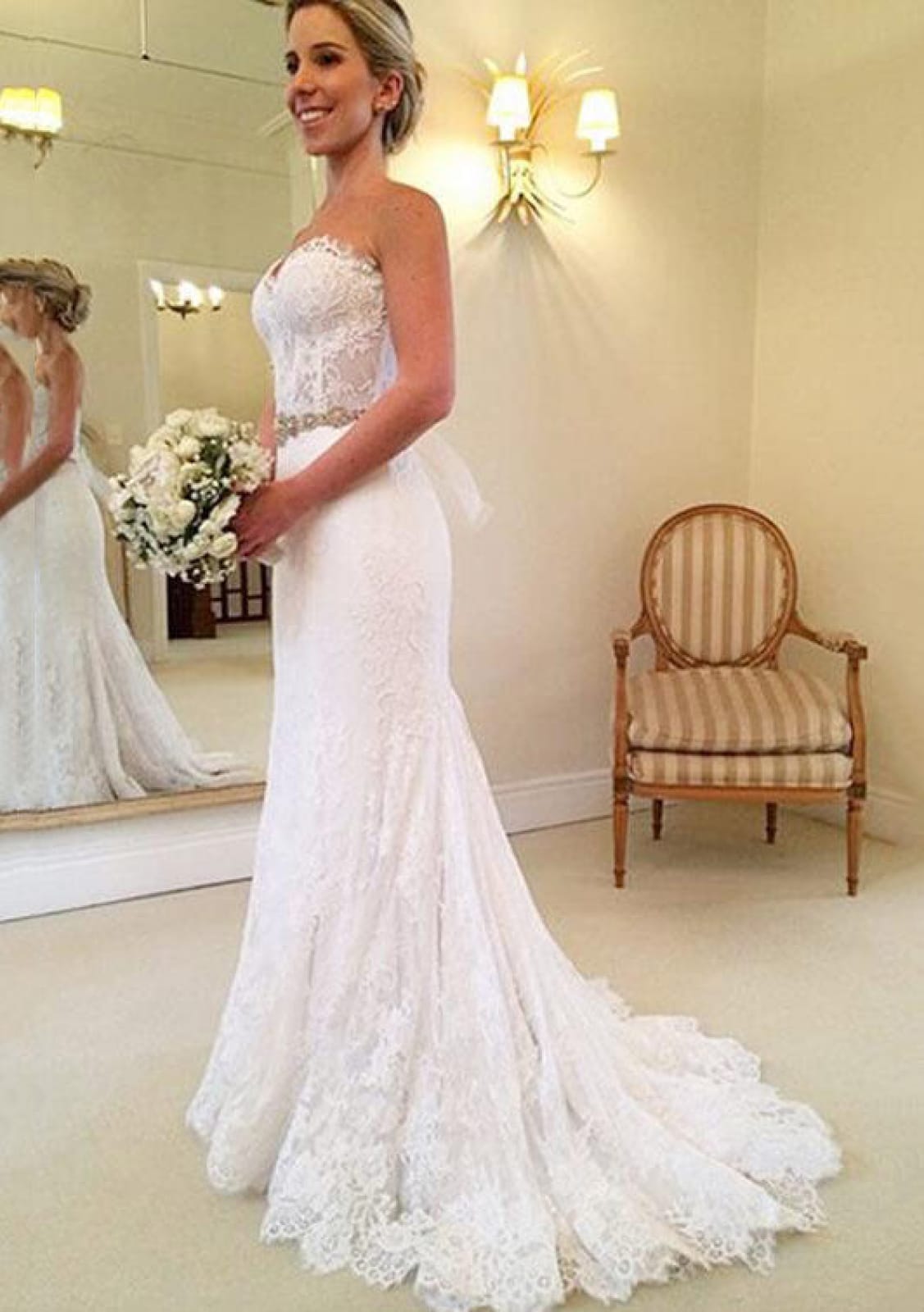Sheath Lace Strapless Wedding Dress Court Sweetheart Beaded - Princessly Sheath Lace Strapless Wedding Dress Court Sweetheart Beaded - Princessly