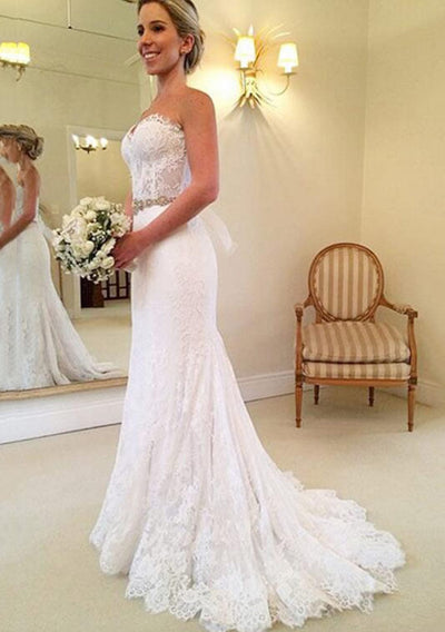 Sheath Lace Wedding Dress Court Sweetheart Beaded Waistband 