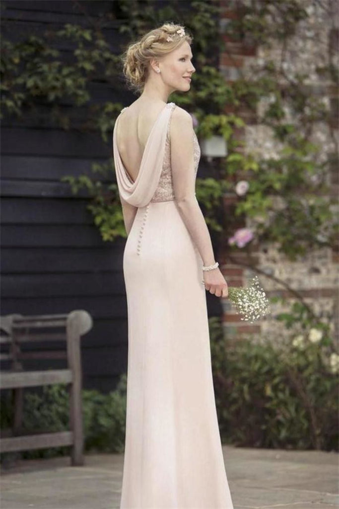 Sheath Long Sleeveless Floor Lenght Open Back Chiffon Bridesmaid Dress, Sequins