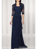 Sheath Navy Lace Wrap Sleeve Chiffon Sweep Mother of Bride/Wedding Guest Dress