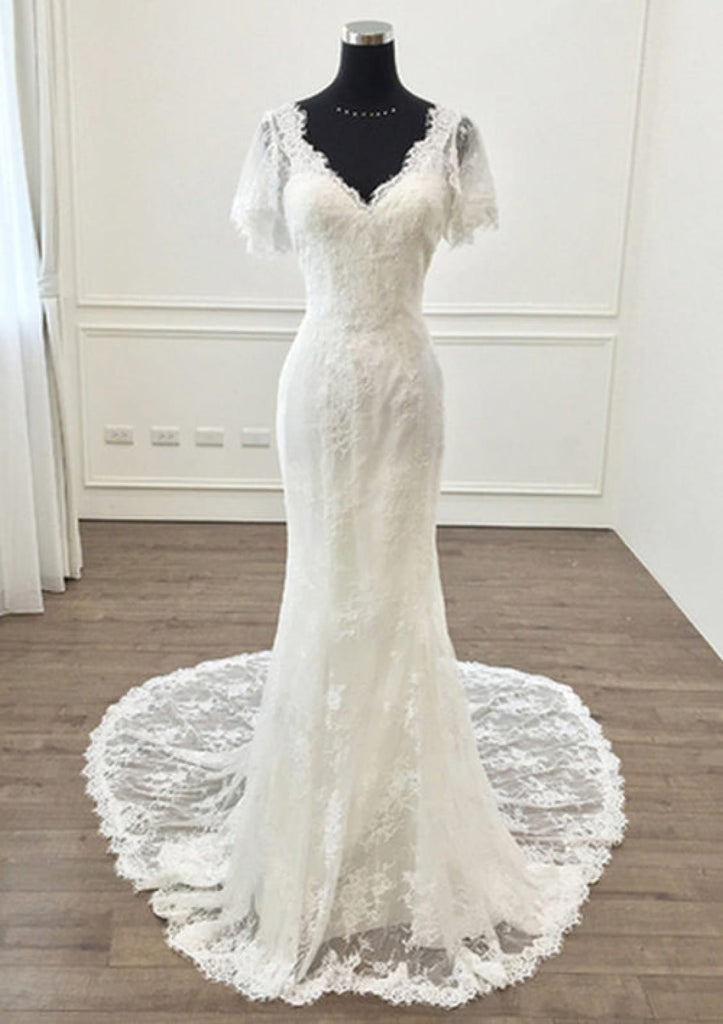 Sheath V Neck Short Sleeve Court Train Lace Wedding Dress - 