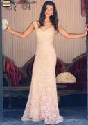 Sheath Pink Lace Keyhole Back Floor Length Sweep Train Column Gown Prom Dress, Sash