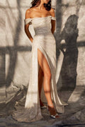 Guaina Prom Dress Sweep Off Shoulder Silver Sequin Satin, Split