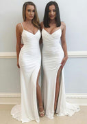 Sheath Ruched Strap Sweep Ivory Sleeveless Gown Jersey Prom Dress, Slit