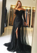Sheath Off Shoulder Long Sleeve Sweep Black Lace Tulle Overskirt Prom Dress, Split