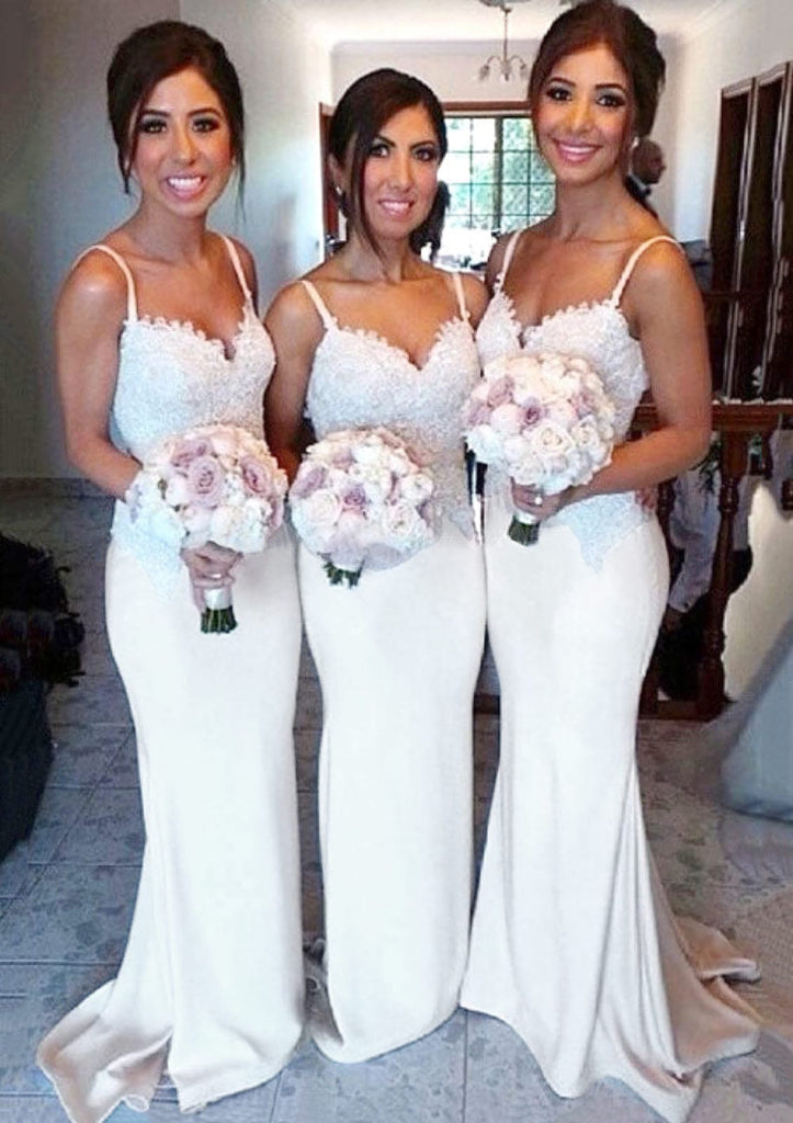 Sheath Spaghetti Strap Sweetheart Court Train Satin Ivory Bridesmaid Dress, Lace Sheath Spaghetti Strap Sweetheart Court Train Satin Ivory Bridesmaid Dress, Lace