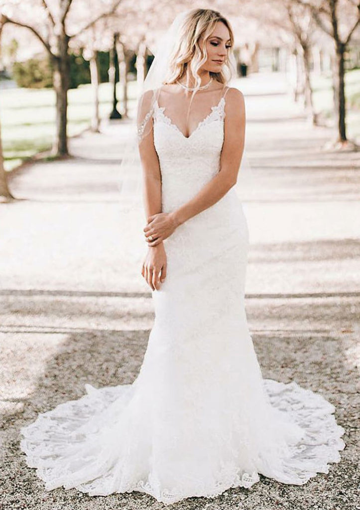Sheath/Column V-Neck Sleeveless Sweep Lace Wedding Dress - 
