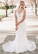 Sheath/Column V-Neck Straps Court Train Lace Wedding Bridal Dress