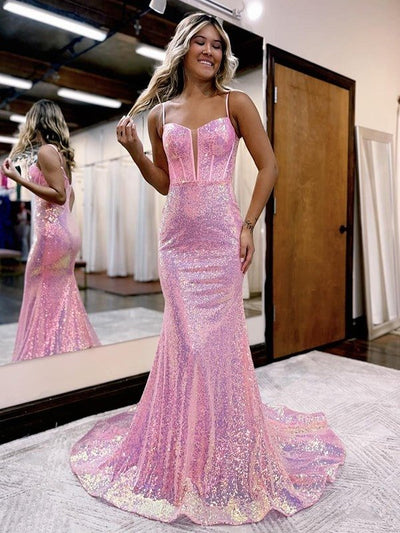 Sheath/Column Sequins Spaghetti Straps Sleeveless Court Train Dresses