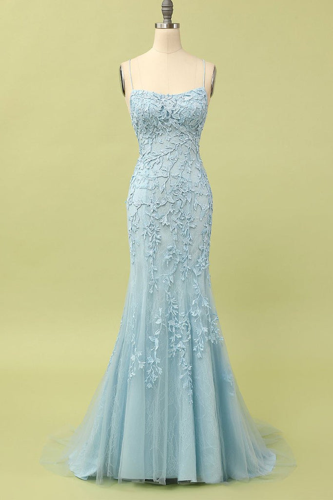 Sheath Sky Blue Strap Crisscross Fishtail Lace Tulle Evening Prom Dress